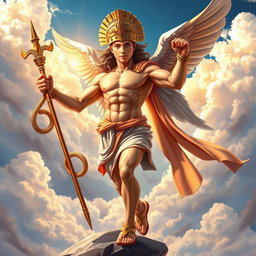 A stunning depiction of Hermes, the Greek god, portrayed as a young man with an athletic build, wearing a winged helmet and sandals