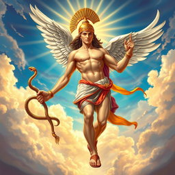 A stunning depiction of Hermes, the Greek god, portrayed as a young man with an athletic build, wearing a winged helmet and sandals