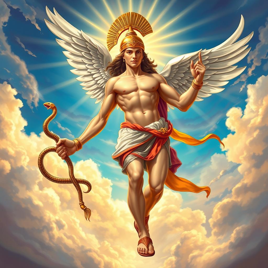 A stunning depiction of Hermes, the Greek god, portrayed as a young man with an athletic build, wearing a winged helmet and sandals