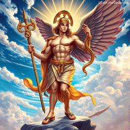 A stunning depiction of Hermes, the Greek god, portrayed as a young man with an athletic build, wearing a winged helmet and sandals