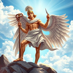 An artistic depiction of Hermes, the Greek god, as a young, athletic figure with winged sandals and a winged helmet
