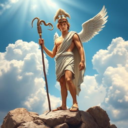 An artistic depiction of Hermes, the Greek god, as a young, athletic figure with winged sandals and a winged helmet