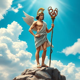 An artistic depiction of Hermes, the Greek god, as a young, athletic figure with winged sandals and a winged helmet