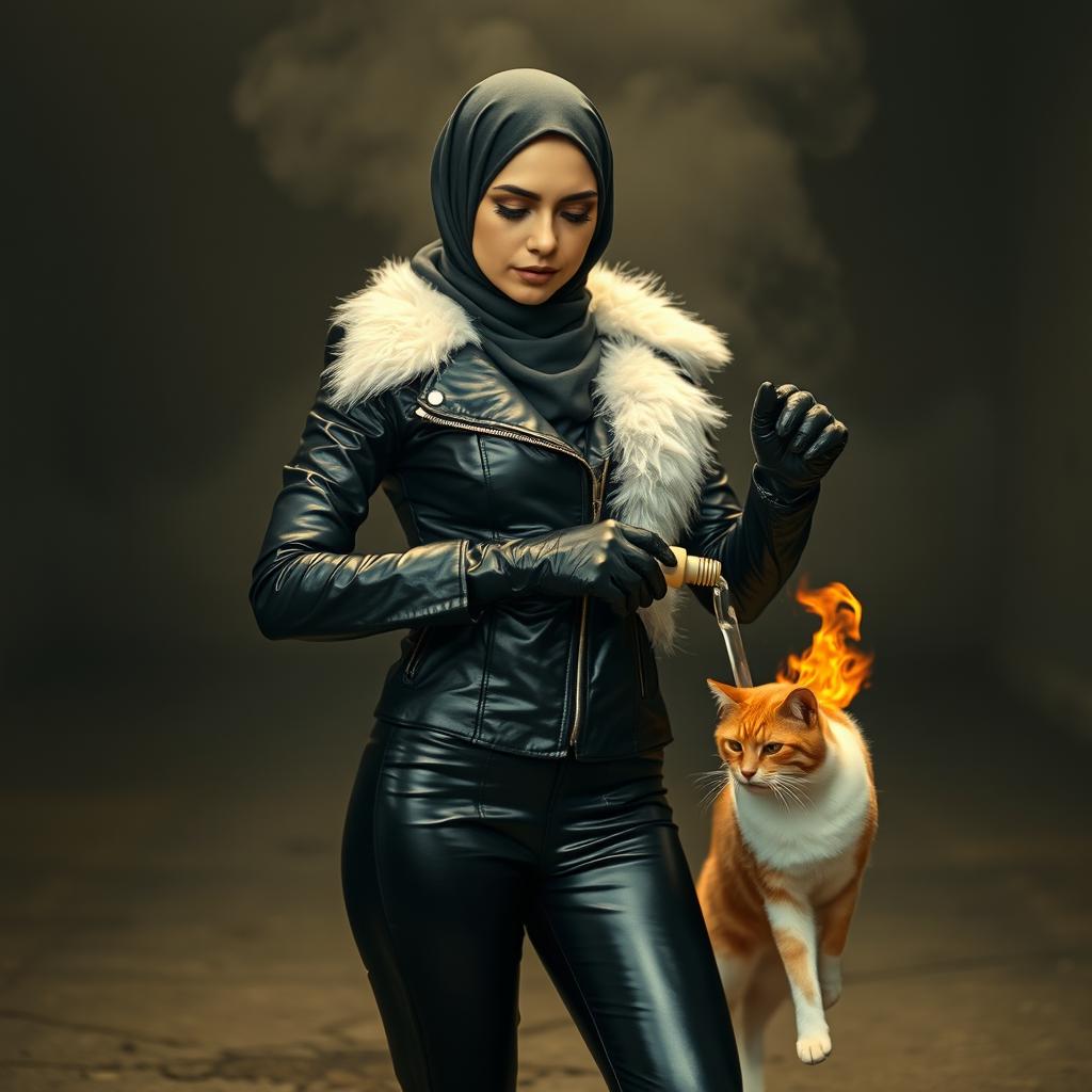 A beautiful woman wearing a headscarf and niqab, dressed in a tight, shiny black leather jacket with a white fur collar, matching glossy black leather gloves, and sleek leather leggings