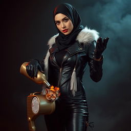 A beautiful woman wearing a headscarf and niqab, dressed in a tight, shiny black leather jacket with a white fur collar, matching glossy black leather gloves, and sleek leather leggings