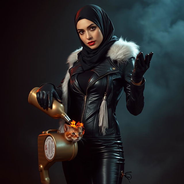 A beautiful woman wearing a headscarf and niqab, dressed in a tight, shiny black leather jacket with a white fur collar, matching glossy black leather gloves, and sleek leather leggings