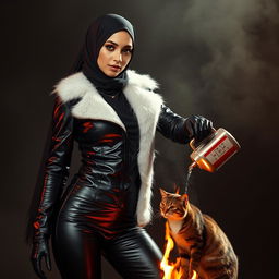 A beautiful woman wearing a headscarf and niqab, dressed in a tight, shiny black leather jacket with a white fur collar, matching glossy black leather gloves, and sleek leather leggings