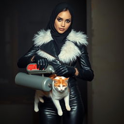A beautiful woman wearing a headscarf and niqab, dressed in a tight, shiny black leather jacket with a white fur collar, matching glossy black leather gloves, and sleek leather leggings