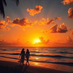 A breathtaking sunset over a tranquil beach, where the golden sun dips below the horizon, casting vibrant hues of orange, pink, and purple across the sky