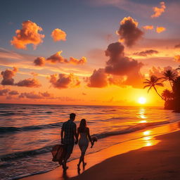 A breathtaking sunset over a tranquil beach, where the golden sun dips below the horizon, casting vibrant hues of orange, pink, and purple across the sky