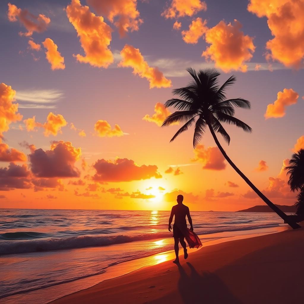 A breathtaking sunset over a tranquil beach, where the golden sun dips below the horizon, casting vibrant hues of orange, pink, and purple across the sky
