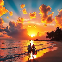 A breathtaking sunset over a tranquil beach, where the golden sun dips below the horizon, casting vibrant hues of orange, pink, and purple across the sky