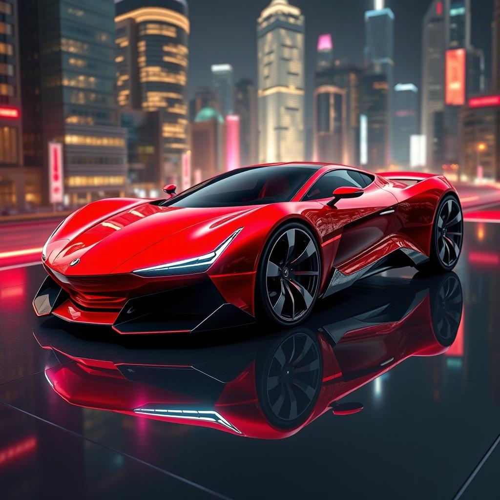 A sleek, futuristic car design, featuring a streamlined shape with glossy surfaces, intricate details like LED headlights, and bold, aggressive lines, presented in a vibrant red color