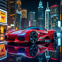 A sleek, futuristic car design, featuring a streamlined shape with glossy surfaces, intricate details like LED headlights, and bold, aggressive lines, presented in a vibrant red color