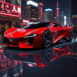 A sleek, futuristic car design, featuring a streamlined shape with glossy surfaces, intricate details like LED headlights, and bold, aggressive lines, presented in a vibrant red color