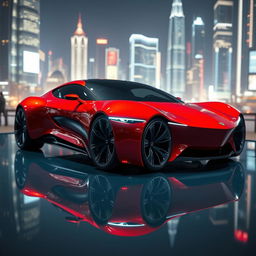 A sleek, futuristic car design, featuring a streamlined shape with glossy surfaces, intricate details like LED headlights, and bold, aggressive lines, presented in a vibrant red color