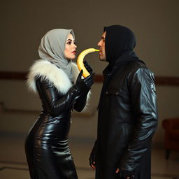 A beautiful woman wearing a hijab and niqab, dressed in a shiny, tight black leather abaya with a white fur collar