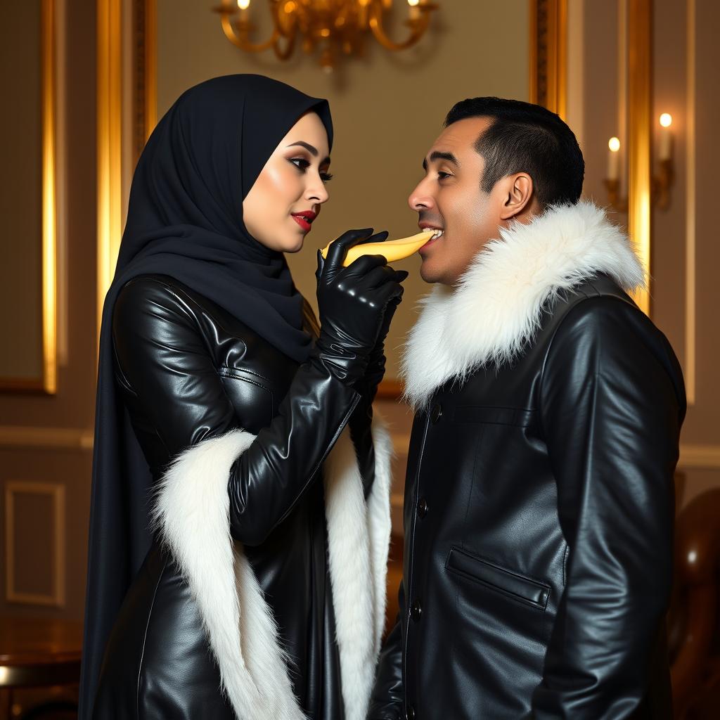A beautiful woman wearing a hijab and niqab, dressed in a shiny, tight black leather abaya with a white fur collar