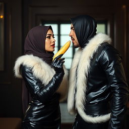 A beautiful woman wearing a hijab and niqab, dressed in a shiny, tight black leather abaya with a white fur collar