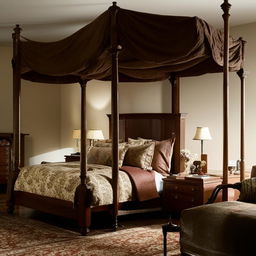 An English styled bedroom for men, with dark oak furniture, a four-poster bed, traditional decor, and a mood of quiet elegance.