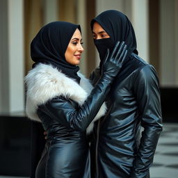 A beautiful woman wearing a hijab and niqab, dressed in a tight, glossy black leather abaya