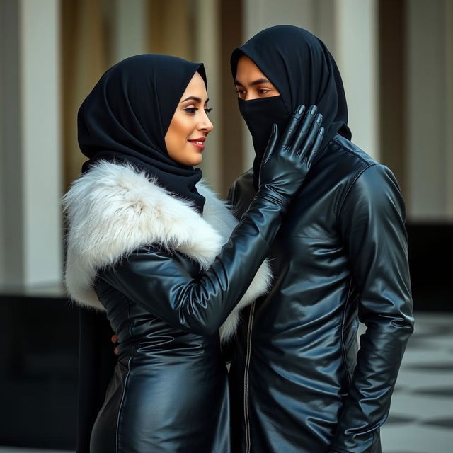 A beautiful woman wearing a hijab and niqab, dressed in a tight, glossy black leather abaya