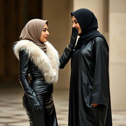 A beautiful woman wearing a hijab and niqab, dressed in a tight, glossy black leather abaya