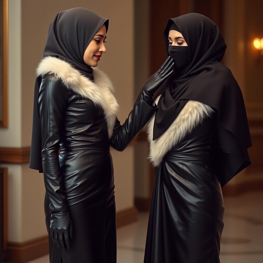A beautiful woman wearing a hijab and niqab, dressed in a tight, glossy black leather abaya