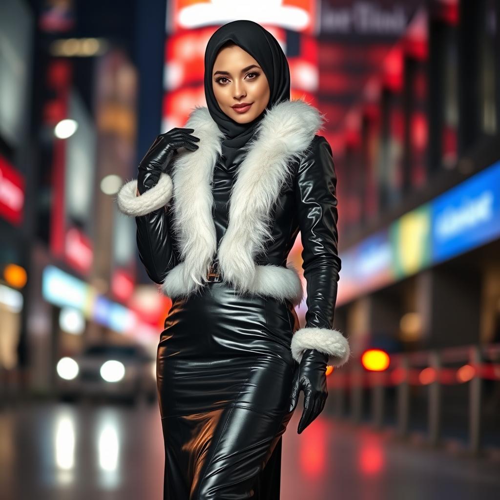 A beautiful woman wearing a black, shiny, very tight leather abaya, with white fur accents, stylish leather gloves, and high-heeled leather boots, exuding a sultry and alluring presence