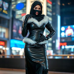 A beautiful woman wearing a black, shiny, very tight leather abaya, with white fur accents, stylish leather gloves, and high-heeled leather boots, exuding a sultry and alluring presence