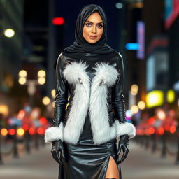 A beautiful woman wearing a black, shiny, very tight leather abaya, with white fur accents, stylish leather gloves, and high-heeled leather boots, exuding a sultry and alluring presence