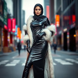 A beautiful woman wearing a black, shiny, very tight leather abaya, with white fur accents, stylish leather gloves, and high-heeled leather boots, exuding a sultry and alluring presence