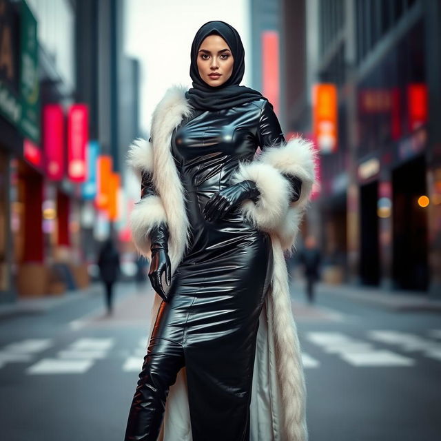 A beautiful woman wearing a black, shiny, very tight leather abaya, with white fur accents, stylish leather gloves, and high-heeled leather boots, exuding a sultry and alluring presence