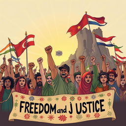 A powerful illustration symbolizing the fight against imperialism, featuring a diverse group of people from various ethnic backgrounds standing united, raising their fists in defiance