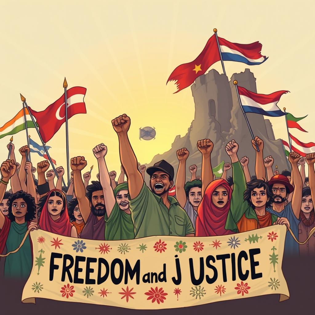 A powerful illustration symbolizing the fight against imperialism, featuring a diverse group of people from various ethnic backgrounds standing united, raising their fists in defiance