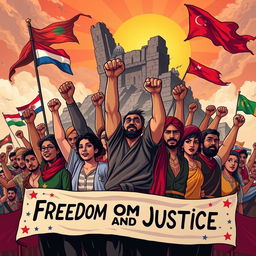 A powerful illustration symbolizing the fight against imperialism, featuring a diverse group of people from various ethnic backgrounds standing united, raising their fists in defiance