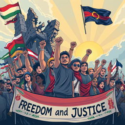 A powerful illustration symbolizing the fight against imperialism, featuring a diverse group of people from various ethnic backgrounds standing united, raising their fists in defiance
