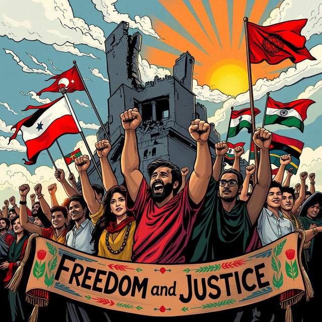 A powerful illustration symbolizing the fight against imperialism, featuring a diverse group of people from various ethnic backgrounds standing united, raising their fists in defiance