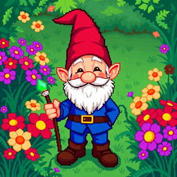 A pixel art depiction of a gnome character, designed in a vibrant 32x32 pixel format