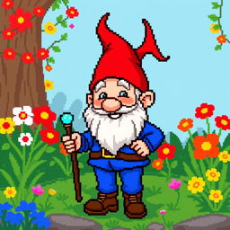 A pixel art depiction of a gnome character, designed in a vibrant 32x32 pixel format