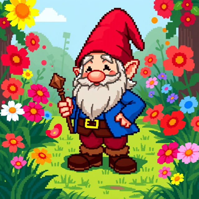 A pixel art depiction of a gnome character, designed in a vibrant 32x32 pixel format