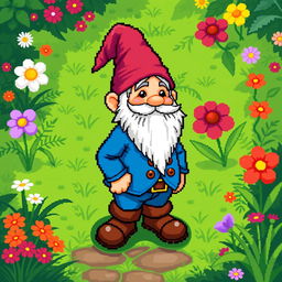 A pixel art depiction of a gnome character, designed in a vibrant 32x32 pixel format