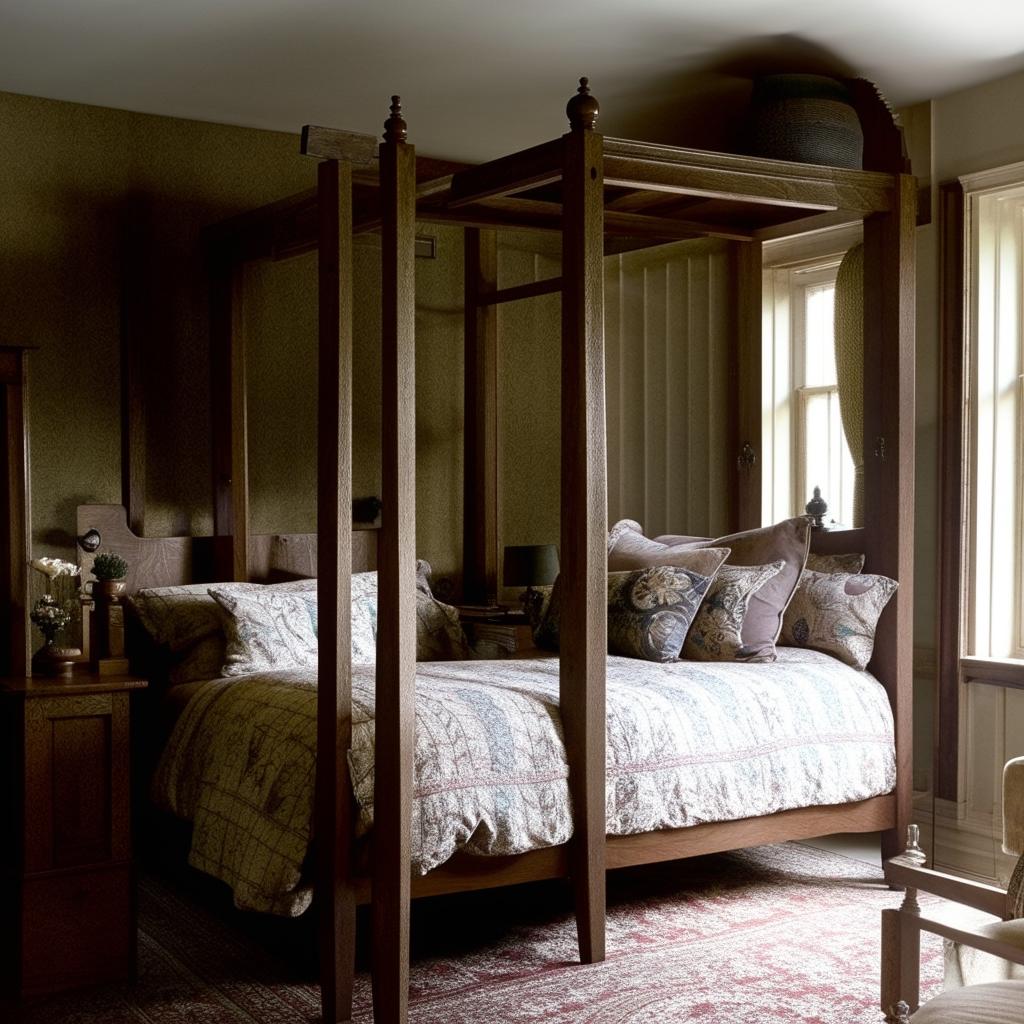 An English styled bedroom for men, with dark oak furniture, a four-poster bed, traditional decor, and a mood of quiet elegance.