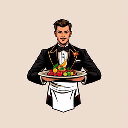 A logo design featuring a stylish and elegant waiter holding a platter with a gourmet dish, emphasizing the sophistication of dining
