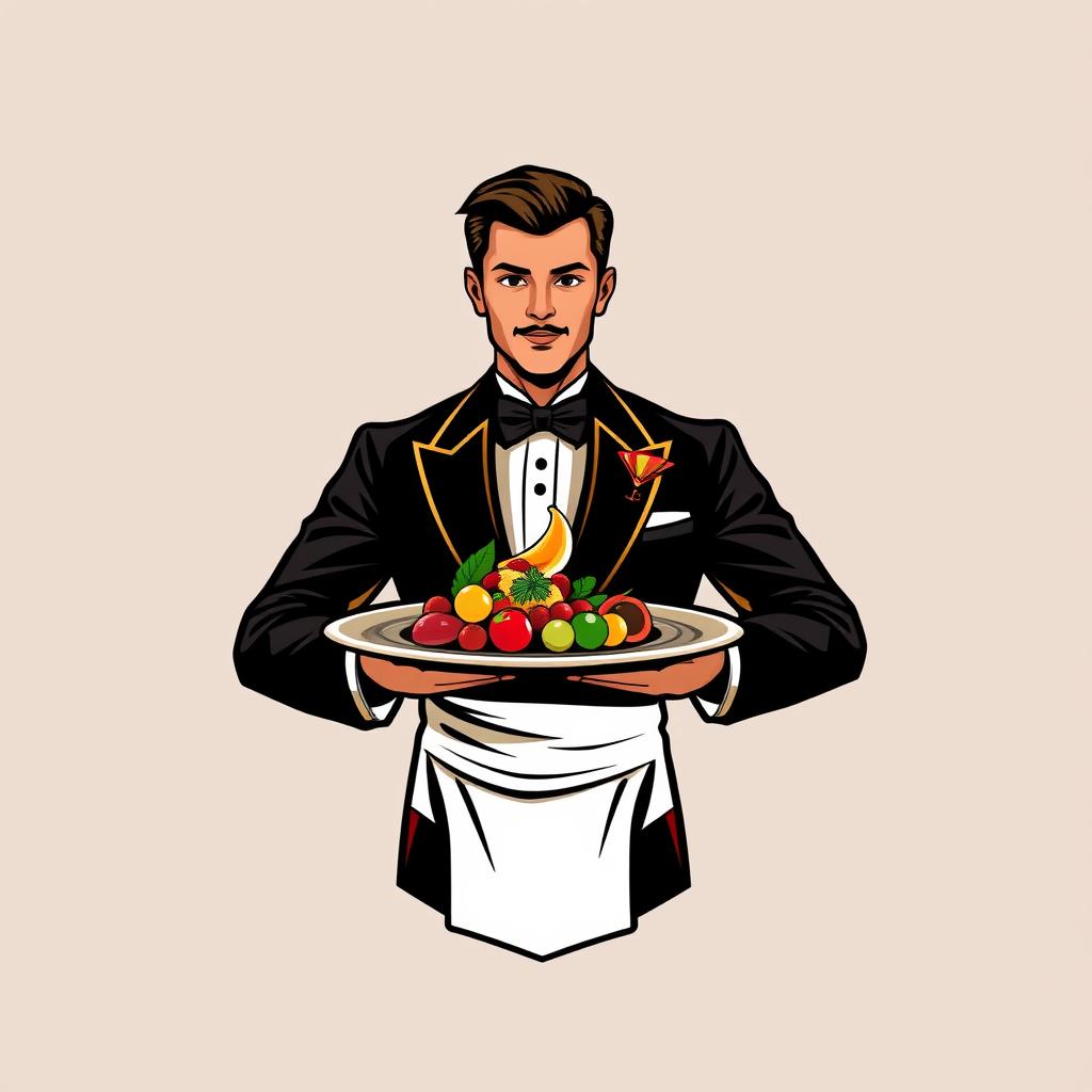 A logo design featuring a stylish and elegant waiter holding a platter with a gourmet dish, emphasizing the sophistication of dining
