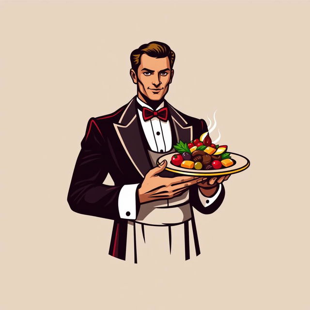 A logo design featuring a stylish and elegant waiter holding a platter with a gourmet dish, emphasizing the sophistication of dining