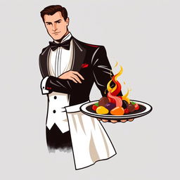 A logo design featuring a stylish and elegant waiter holding a platter with a gourmet dish, emphasizing the sophistication of dining
