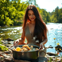 A beautiful woman cooking clams by a serene river, surrounded by lush greenery and trees, with sunlight filtering through the leaves