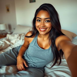 A Latina girl taking a selfie while lying on her bed, wearing a casual tank top and sweatpants
