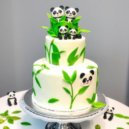 A beautifully designed two-tier cake with a panda theme, featuring cute panda illustrations on the cake, decorated with lush green bamboo leaves and vibrant colors